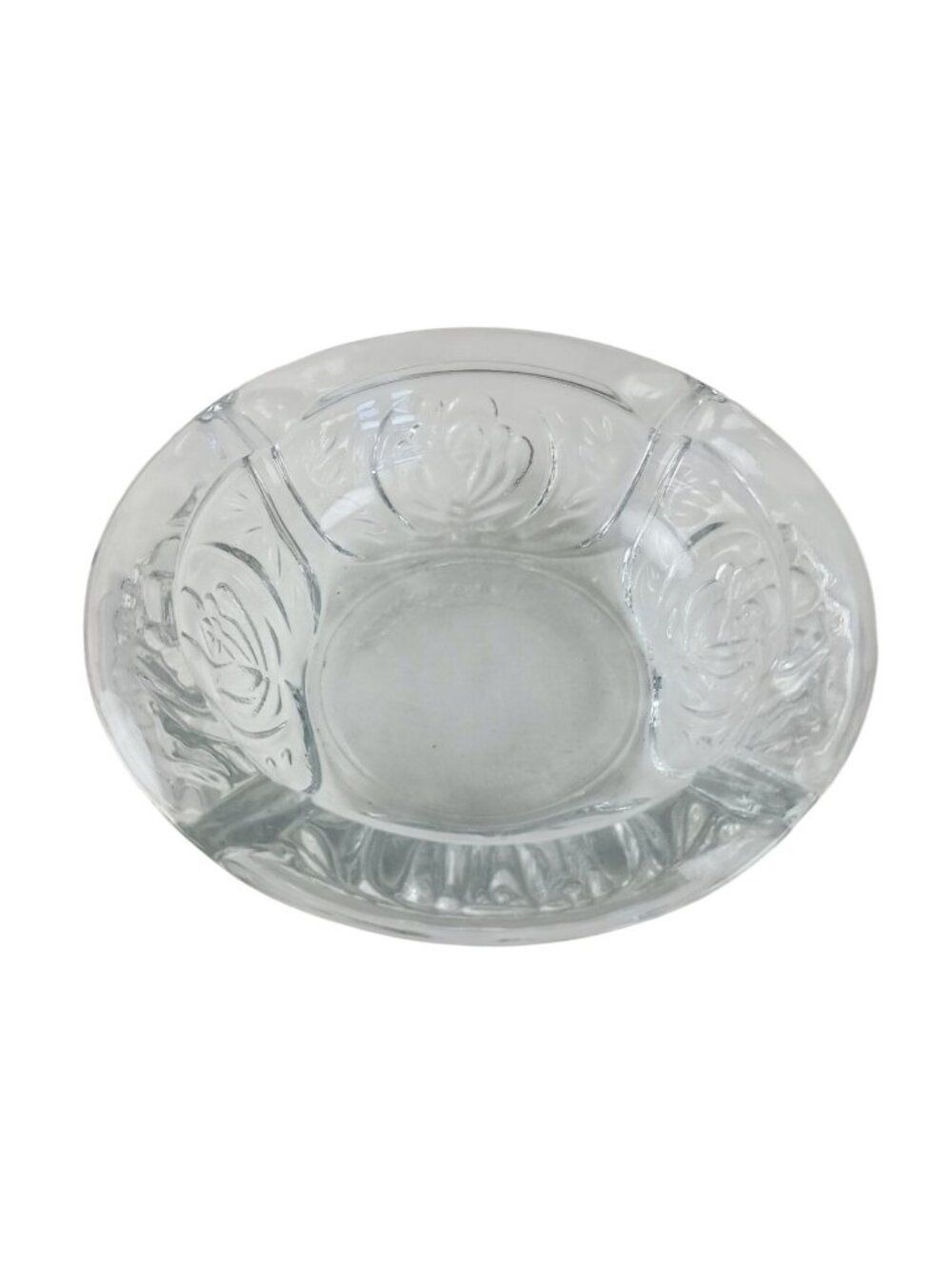 Kig Indonesia Ashtray Pressed Etched Glass Rose Pattern 4 Slots 6" Vintage